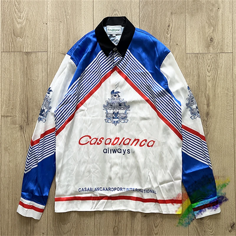 

Long Sleeve Casablanca Shirt Men Women Blue White Patchwork Hawaii Beach Hawaiian Silk Shirts