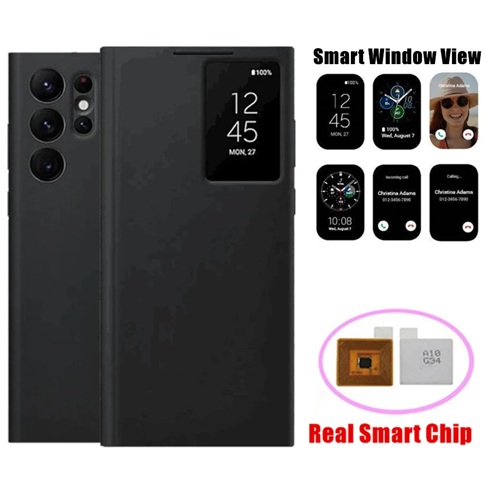 Window View Display Intelligente Cover In Pelle Per Samsung Galaxy S22 Ultra S22 Plus S22 Flip-Free Rispondi Alle Chiamate Smart Chip Case