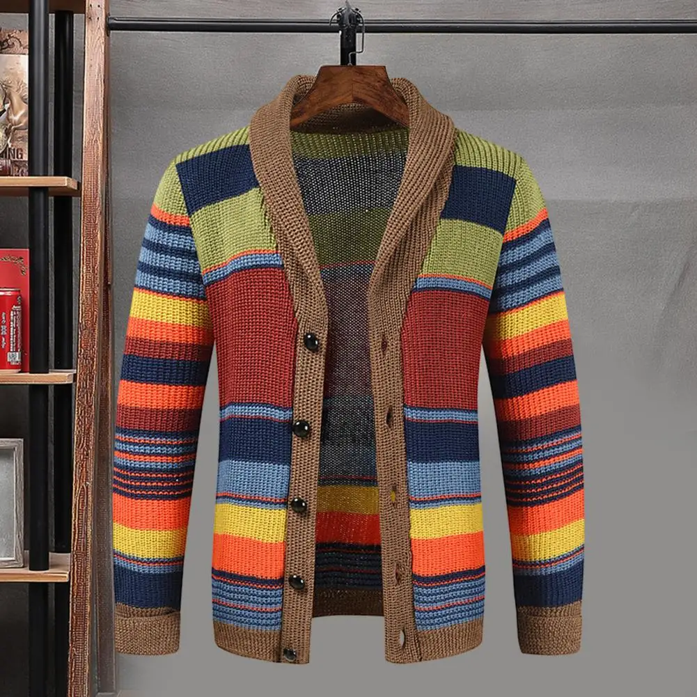 

Men Sweater Coat Knitted Color Matching Striped Men Outerwear Single-breasted Cardigan Loose Elastic Lapel Buttons Men Jacket