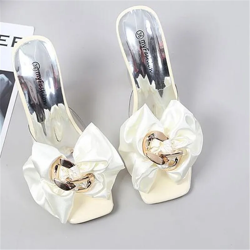 Transparent Slippers For Women 2023 Summer Fashion Pink Butterfly-knot Designer Sandals Clear Heels Size 46 Female Shoes