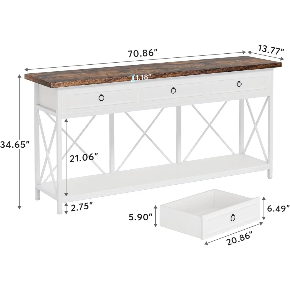 70.8" Console Table with 3 Drawers, Farmhouse Entryway Table with Storage Shelf, Narrow Long Sofa Foyer Table ,  (White/Brown) 2
