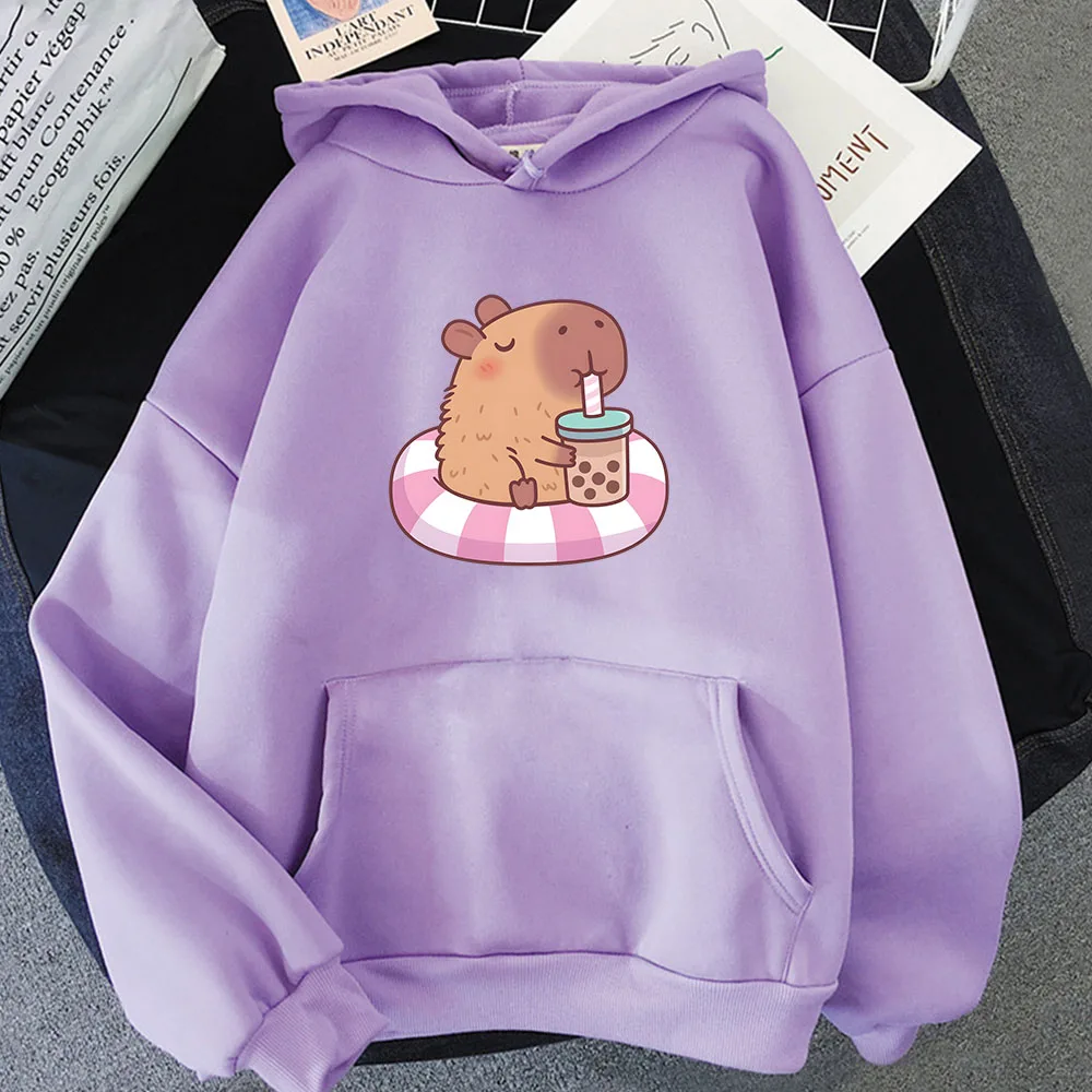 

Capybara Loves Drinking Bubble Tea Hoodies Cartoon Women Kawaii Graphic Sweatshirts Casual Winter Streetwear Pullovers Pocket