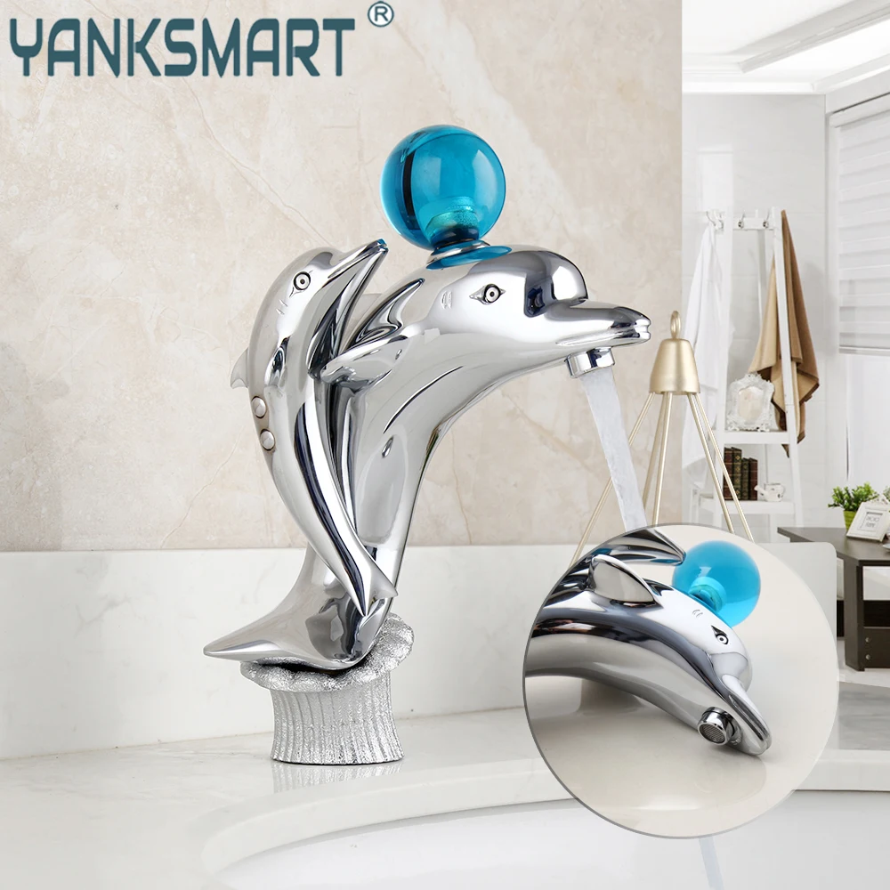 

YANKSMART Chrome Polished Bathroom Faucet Dolphins Basin Sink Faucet Washbasin Deck Mouned Faucets Hot & Cold Mixer Water Tap