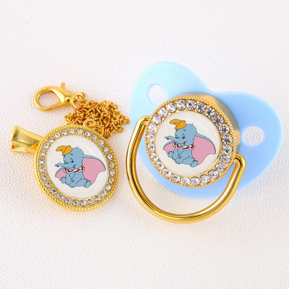 Disney Dumbo Baby Pacifier With Chain Clip Food Grade Silicone Infant Dummy Nipple Bling Rhinestones Newborn Soother Unique Gift baby milk powder scoop