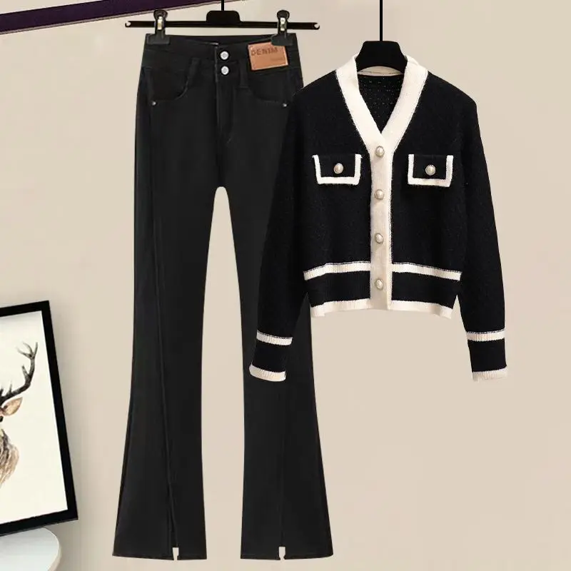 Temperament Set for Women's Spring and Autumn New Patchwork V-neck Small Fragrant Style Sweater High Waisted Jeans Two-piece Set