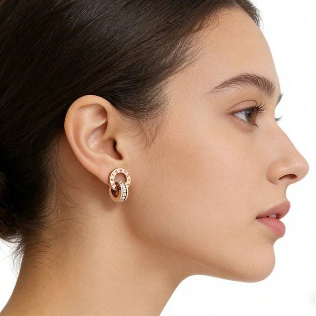 Boucles d'oreilles pendantes créatives et tendance en acier inoxydable avec chiffres romains et zircons, double anneaux croisés, pour femme, bijou de mariée, cadeau