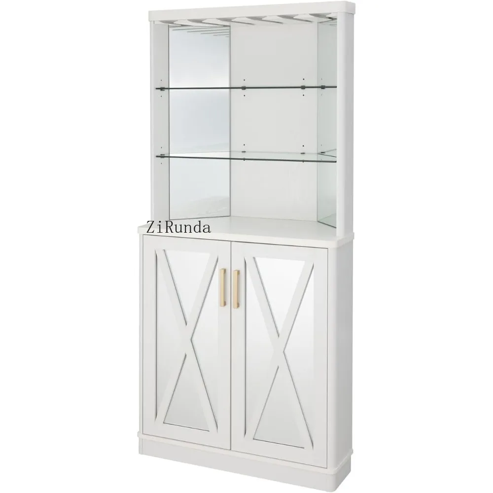 68" Tall Corner Bar Cabinet with Wine Rack, Glass Liquor Shelves, Large Coffee Table, Kitchen Storage with Glass Doors
