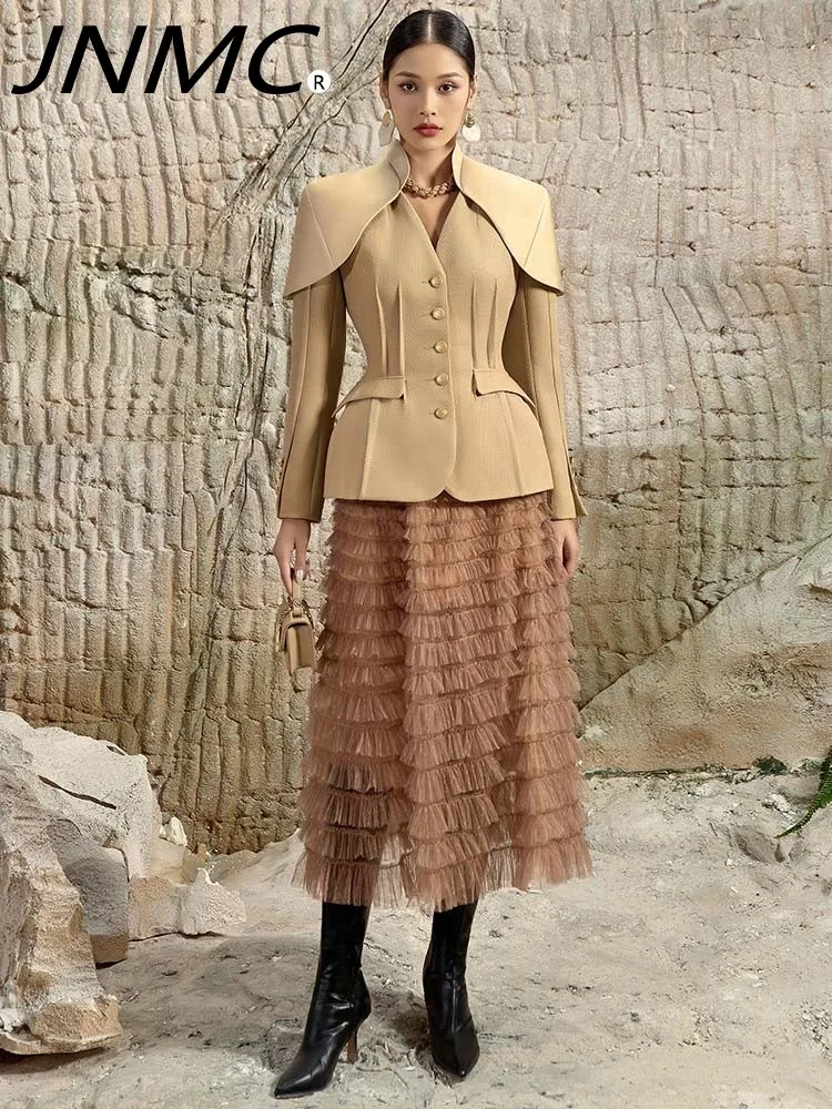 

JNMC 2024 Women 2 Pcs Set Stand Collar Broad Shoulder Single Breasted Coat High Waist Gauze Stack Skirt Suit Autumn New