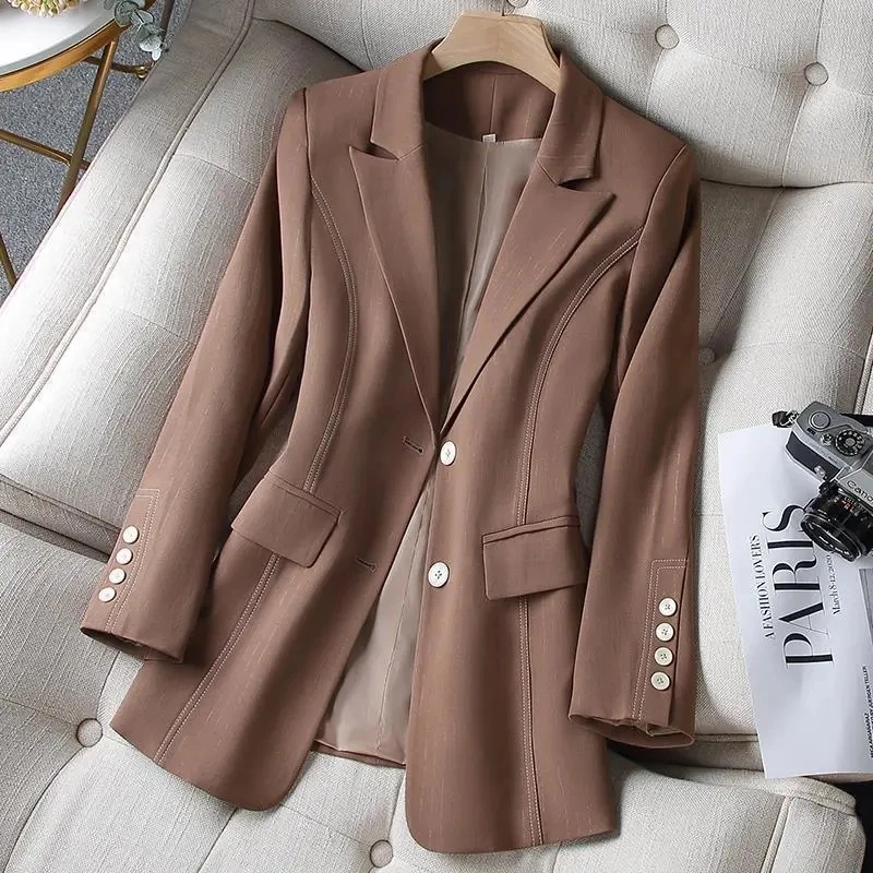 

Women Bright Line Decoration Suit Coat 2022 New Autumn Female Clothing Fat Sister Western Style Slim Suit Top Solid Color Blazer