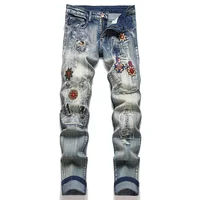 Men Badge Patch Denim Jeans Embroidery Patchwork Ripped Distressed Pants Slim Tapered Stretch Trousers 1