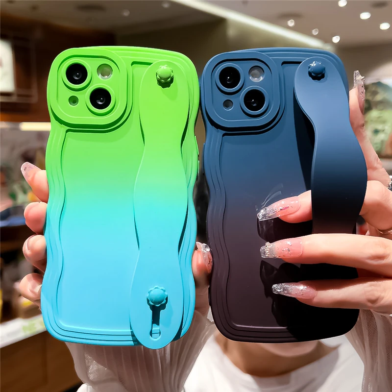 Custodia sfumata in silicone liquido con cinturino da polso Ins per iPhone 13 12 MiNi 11 Pro XS Max XR X 14 Plus Soft Phone_voghion.com