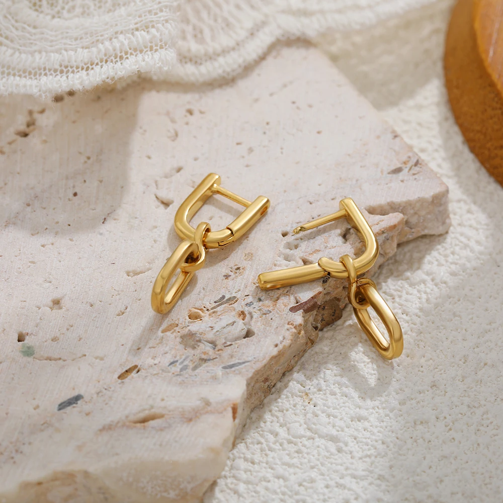 Retro Aesthetics Double Layered Chain Link Dangle Earrings Small Hoop Huggies Hypoallergenic Party Gifts Stylish Jewelry Сер