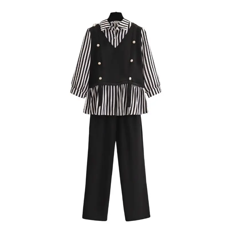 Button Decoration Striped Patchwork Chiffon Shirt Casual Wide Leg Pants Two-piece Elegant Women's Pants Set Office Outfits