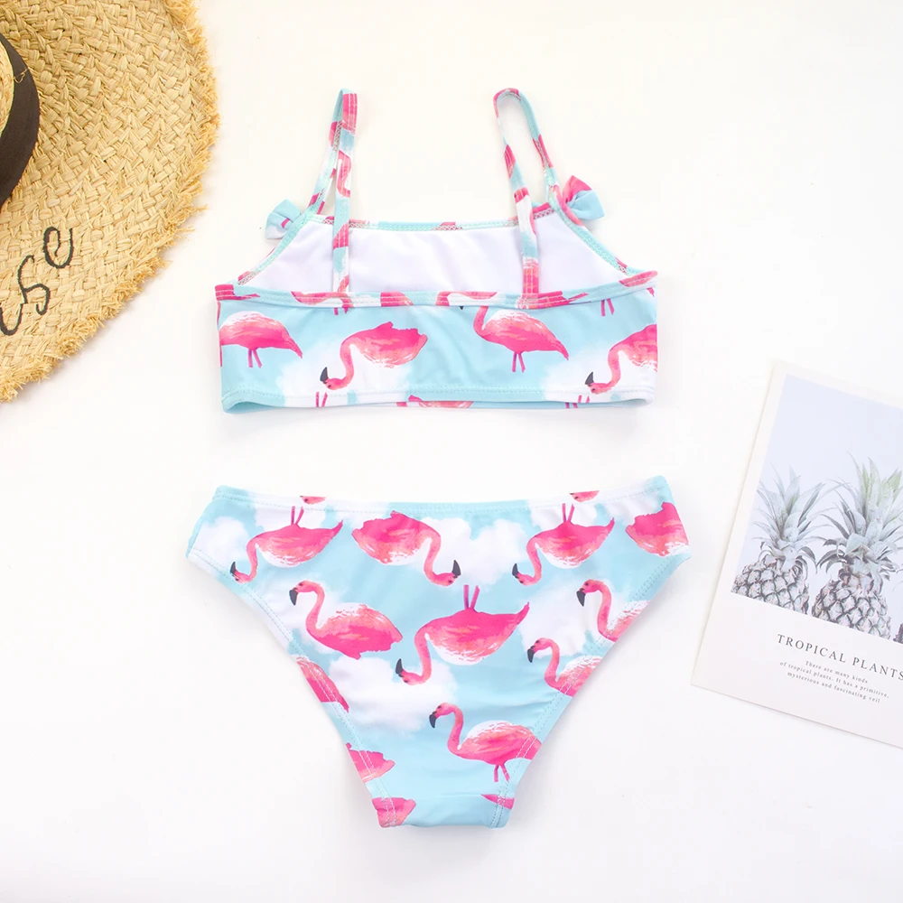Girls Swimsuit Flamingo Print Bow Deco Girls Kids Swimsuit Swimwear Cute Stretchy Child Baby Kids Bikini Set Summer Surf Baby Biquini Infantil