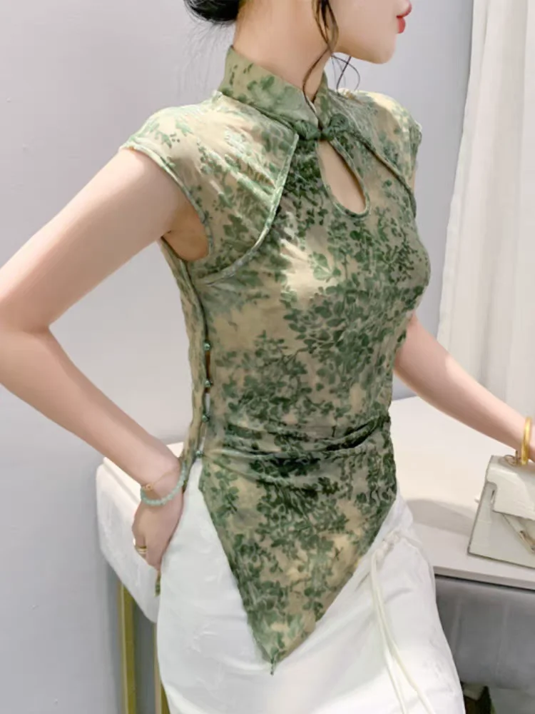 

Size S-3XL Girls Mesh TShirts Female Chinese Style Stand Collar Short Sleeve T-shirt Tops Women Vintage Folds Split Tees