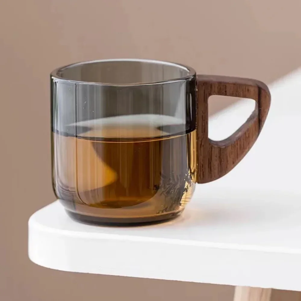 90ml Glass Small Tea Cup Tea Cup With Handle Walnut Wood Anti Scald Home Office Light Luxury High Grade Transparent Water Cup
