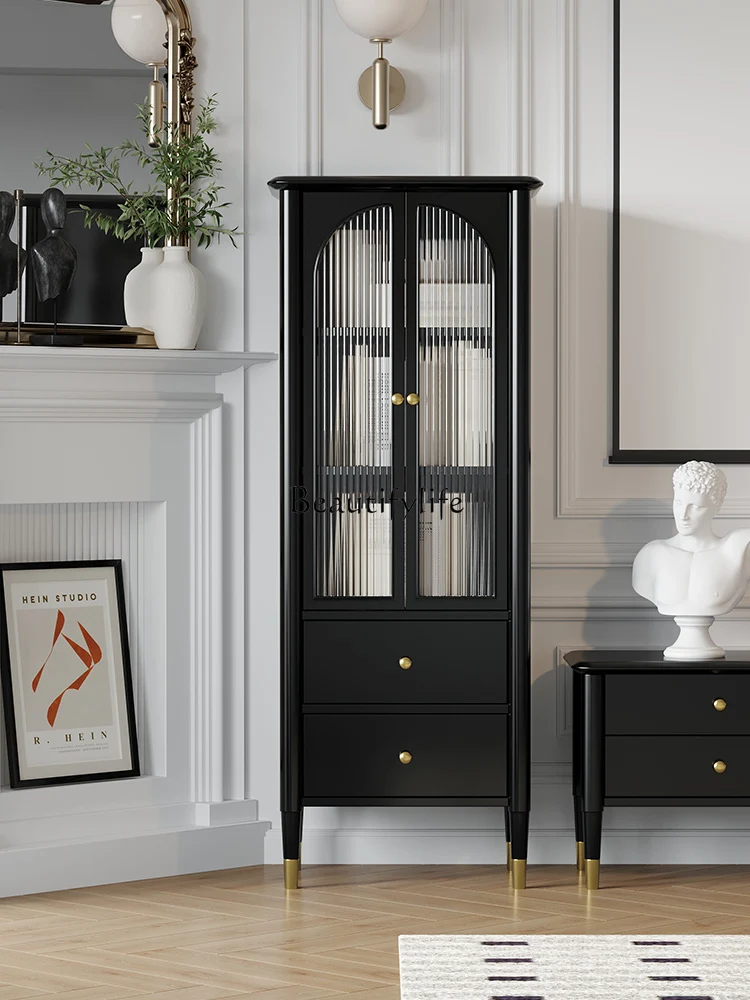 

Retro TV High and Low Side Solid Wood Black Storage Cabinet against the Wall