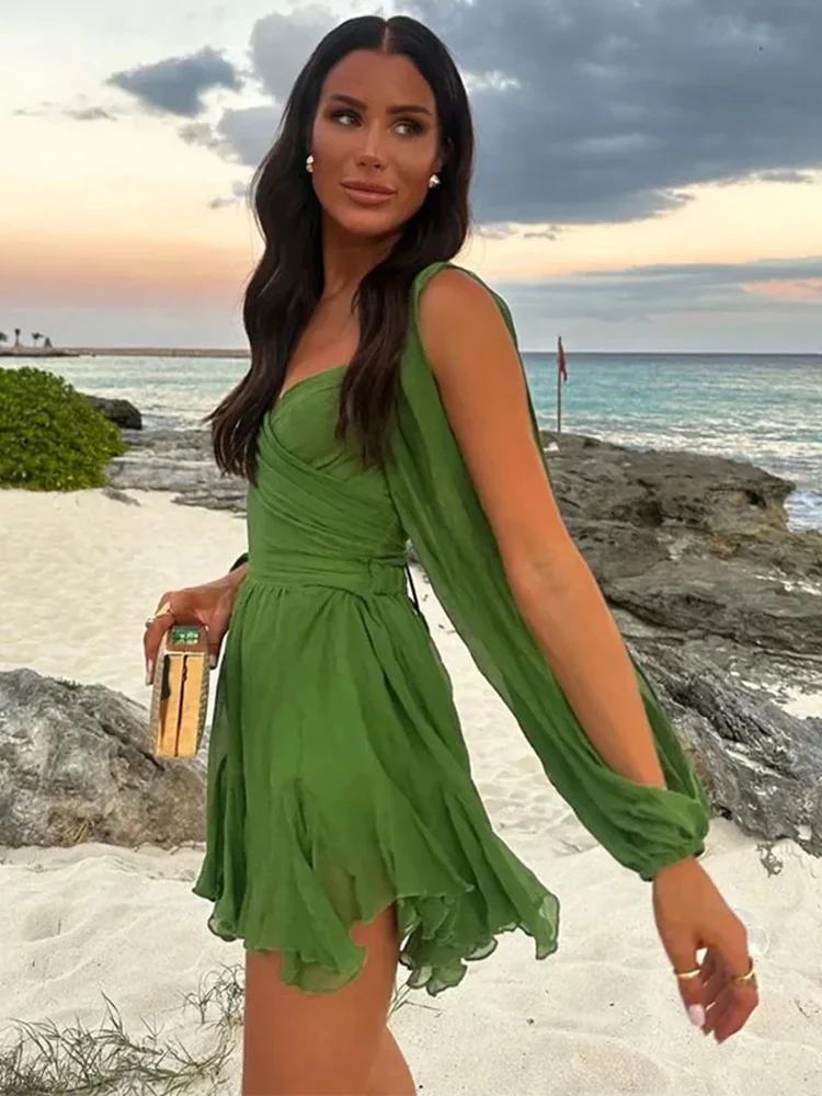 

New Fashiona Sexy Women's Folded Mini Dress Summer Elegant Lady V-neck Split Long Sleeved Solid Color Back Lace Up A-line Dress