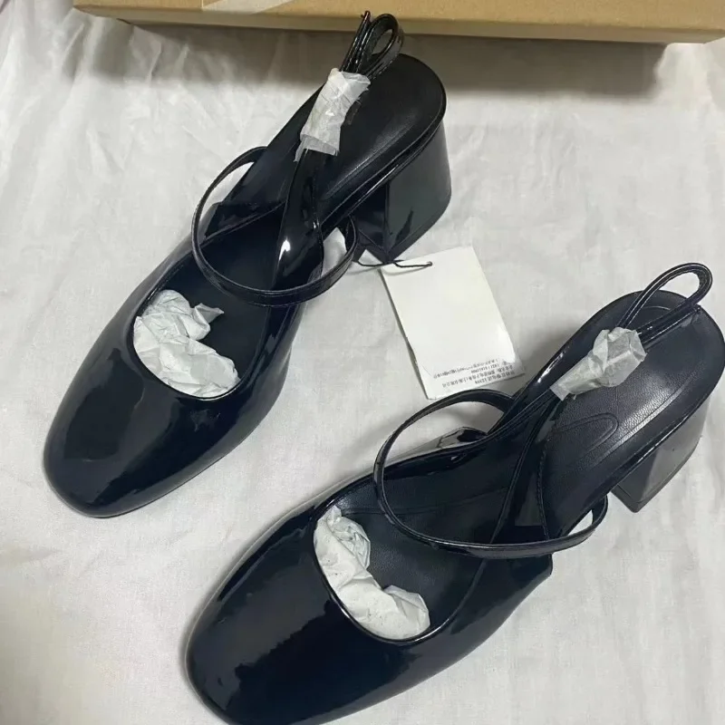 Woman Chunky High Heels Sandals Round Toe Patent Leather Summer Slingbacks Mary Janes Shoes