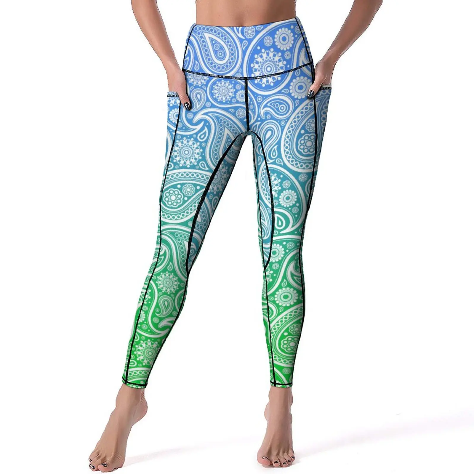 

White Paisley Leggings Sexy Blue to Green Ombre Work Out Yoga Pants High Waist Elastic Sports Tights Casual Custom Leggins