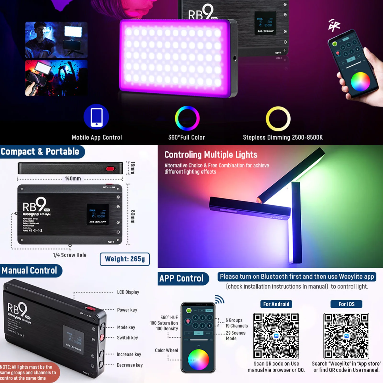 Viltrox Weeylite Rb9 Rgb Led Painel de Luz para Vídeo Tiro Luz de Bolso Preenchimento com Tripé e Suporte do Telefone - Image 5