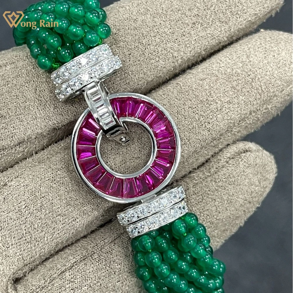 Wong Regen Vintage 925 Sterling Silber natürliche grüne Jade Rubin High Carbon Diamant Edelstein Frauen Armbänder Armreif edlen Schmuck