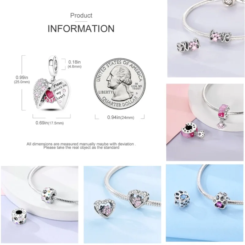 Pink Cat Paw Charms 925 Original Silver Blue Zircon Animal Black Cat Lovely Dog Charm DIY Fit Bracelet For Women Jewelry Gift 2