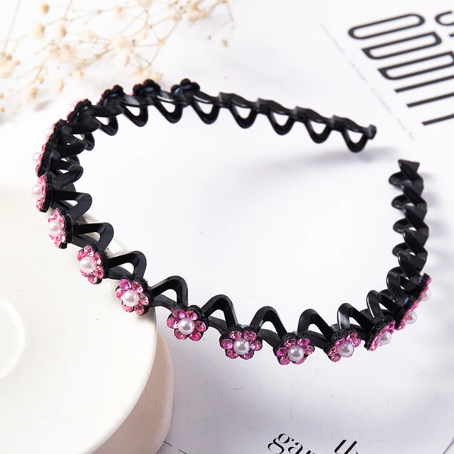 Fashion Pearl Non-Slip Rhinestone Hairbands Elastic Flower Women Hair Hoop Bands Headband Bezel Girls Hair Accessories Headdress pink pearl