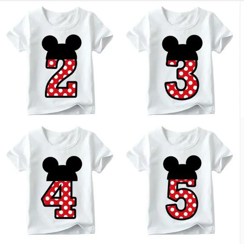 Baby Boy Girl Happy Birthday Letter Bow Cute Minnie Print Clothes Children Funny O-Neck T shirt Kids Number 1-9 Birthday Present