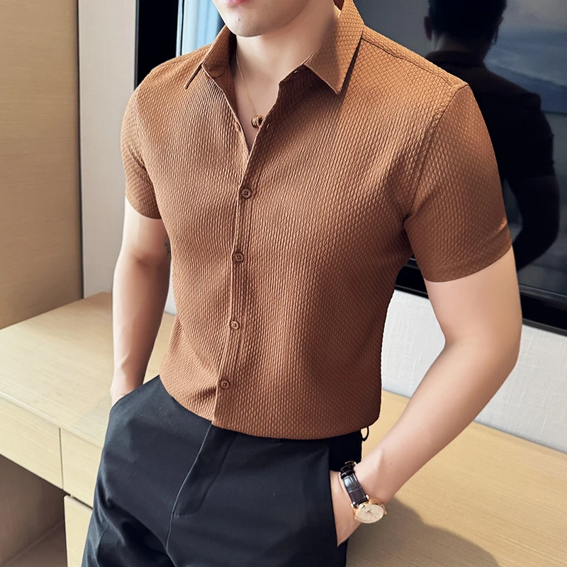 

Summer Waffle Shirt for Men Solid Color Business Casual Dress Shirts Short Sleeved Slim Fit Daily Versatile Shirt Men Clothing