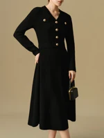 DUSHU Women’s Fake Two-piece Knitted Long Dress 2024 Winter New Product Commuting Medium Long Dress for Women 24DS84154