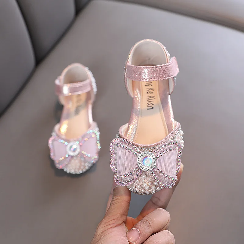 AINYFU Kids Sequins Lace Bow Sandals Fashion Girls Rhinestone Flat Princess Sandals Children's Cute Pearl Dance Single Shoes