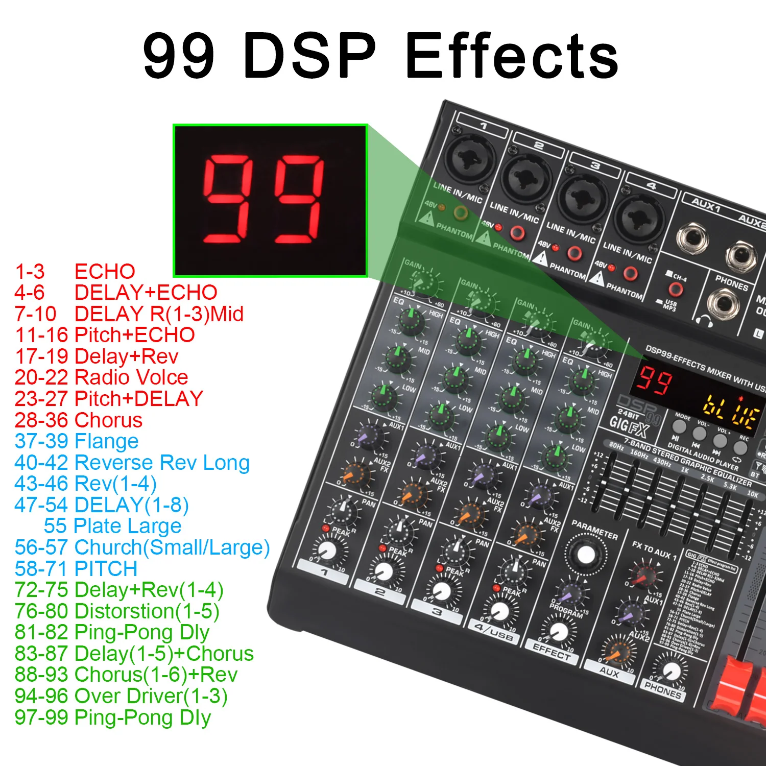 로메호 6채널 믹싱 콘솔 모노 99 디지털 이펙트 USB 사운드 카드 DJ 믹서 블루투스 48V 2 AUX DJ 카라오케 오디오 테이블 AM-GT6