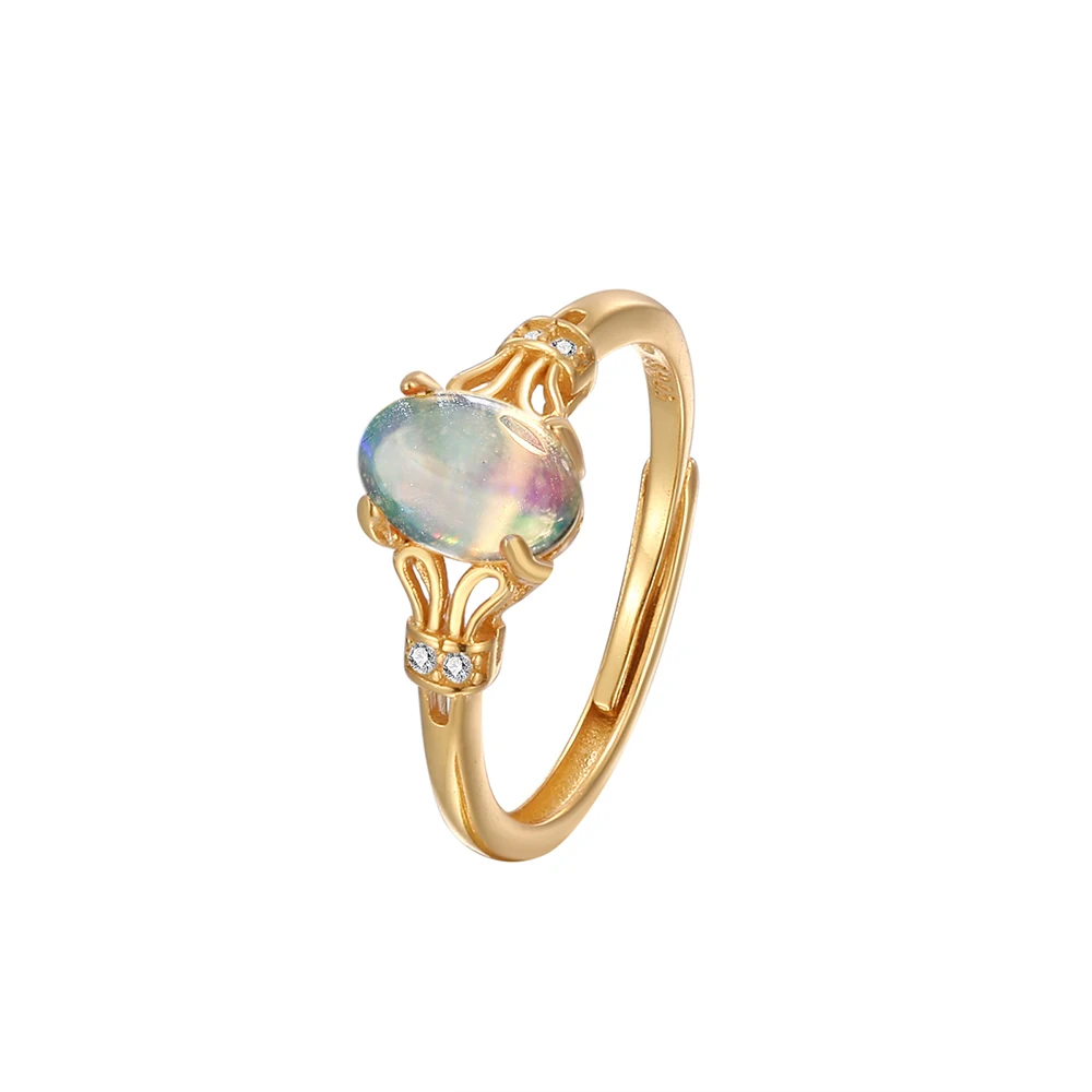 100% Natural Gem Opal Stone Women's Ring 925 Sterling Silver 18k Gold Plated Adjustable Wedding Bands Jewelry Gifts