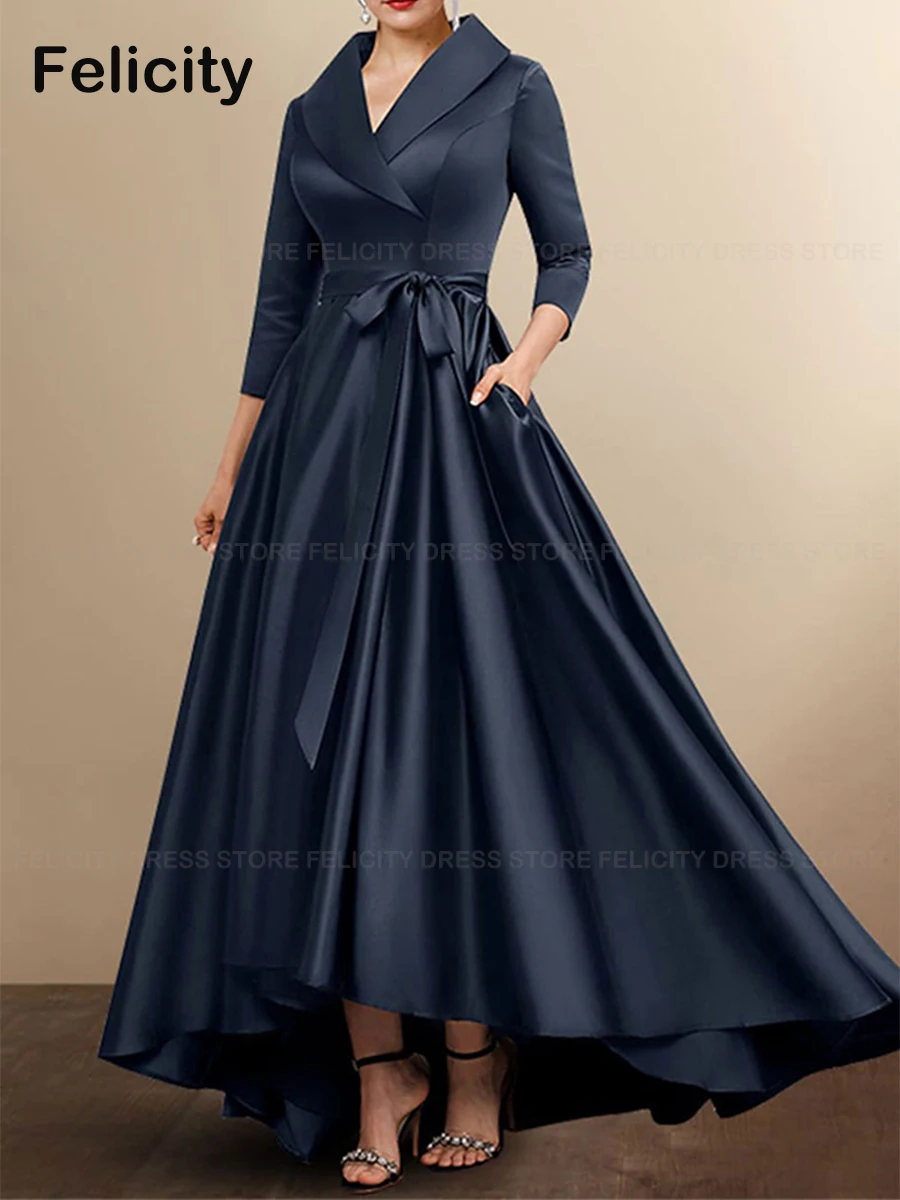 

Satin Mother of the Bride Dress 2023 A-Line Asymmetrical V-Neck Wedding Guest Dresses With Pocket Bow Pleated فستان حفلات الزفاف