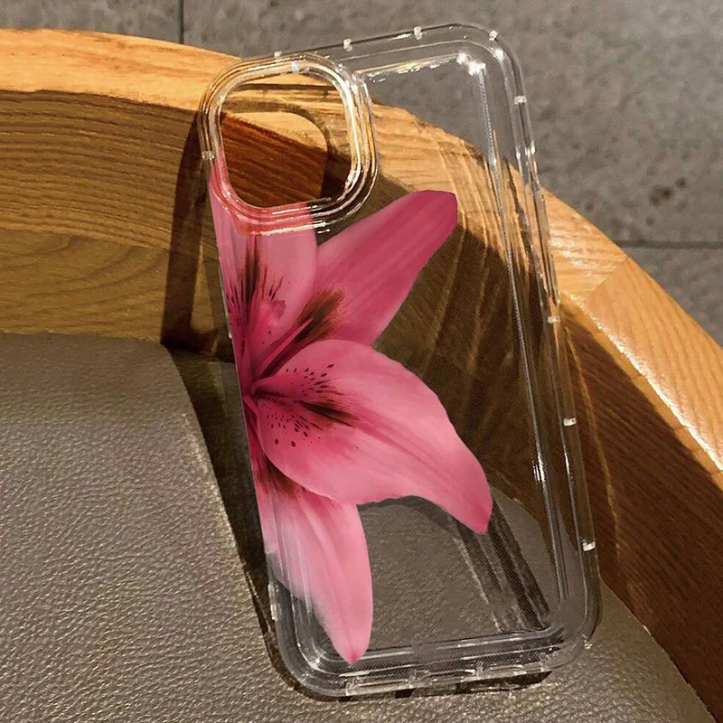 Realistic Lily Flower Print Clear Phone Case For iPhone 16 15 14