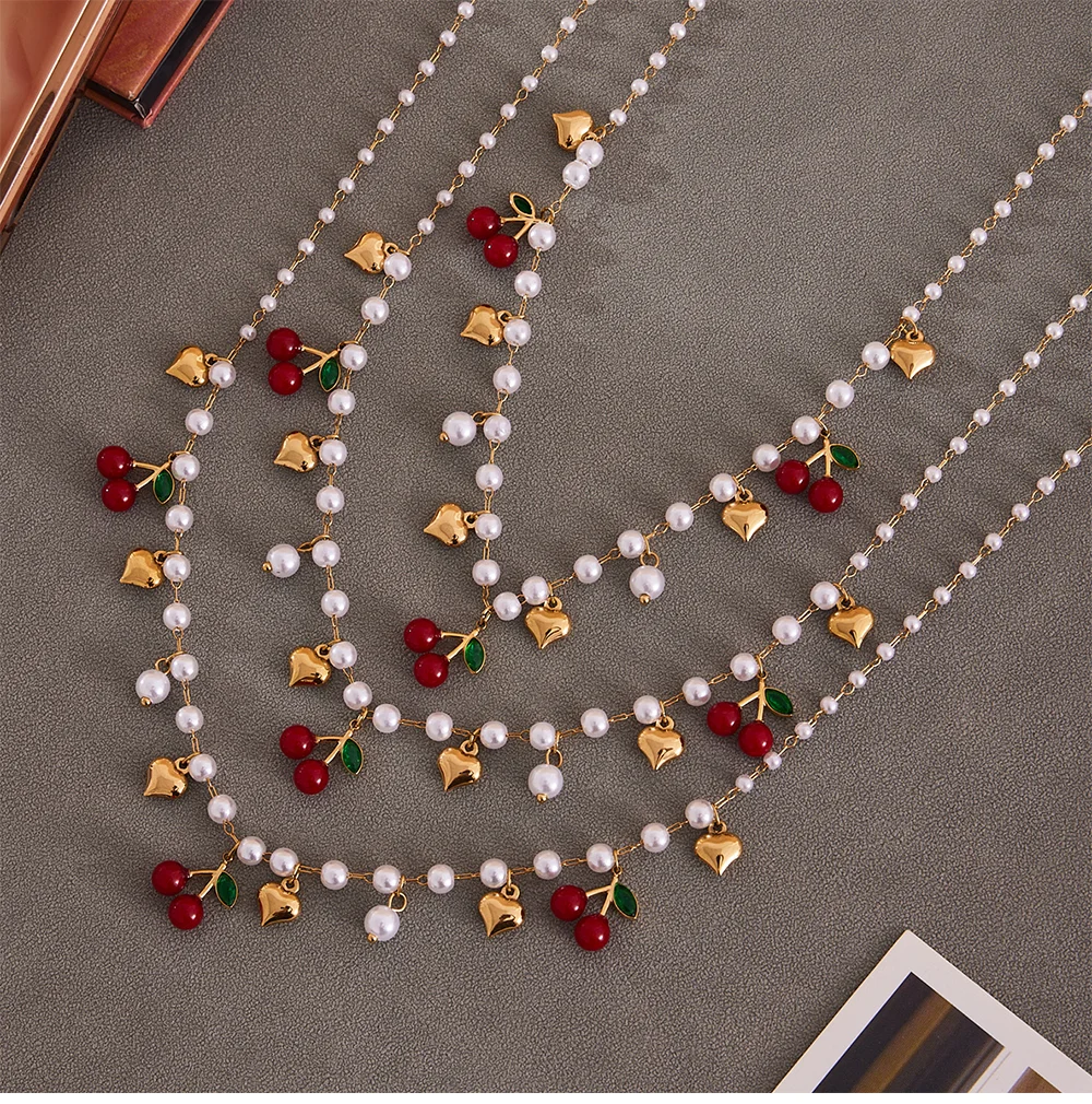 Rote Harz Kirsche Anhänger Halskette Halsband für Frauen 316 Edelstahl Imitation Perle Kette Herz Armband Luxus Schmuck Set – Detail 15