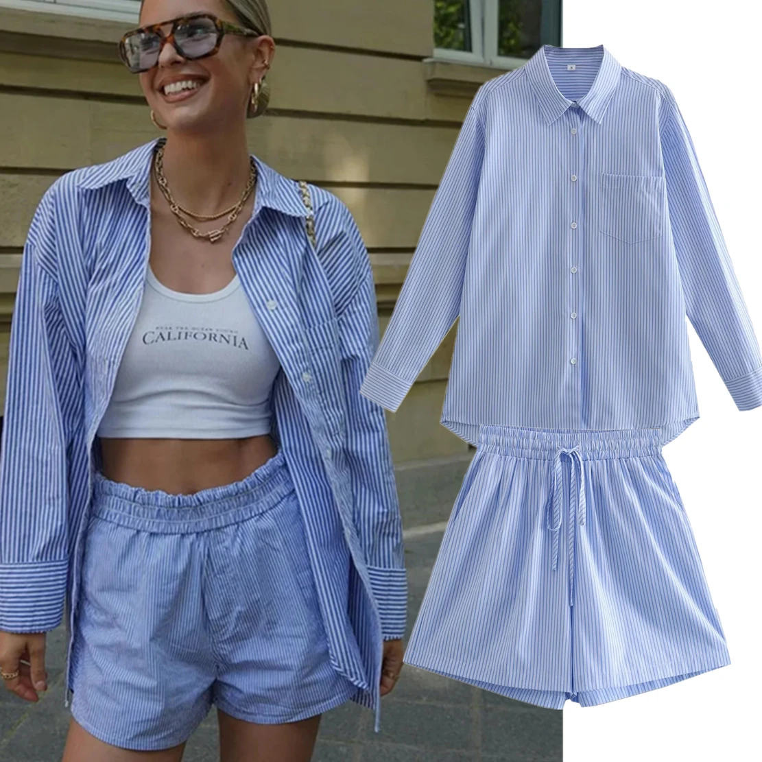 

Jenny&Dave Fashion Striped Loose Shirt Blouse High Street Boyfriend Harem Shorts Bermuda Casual Sets Women