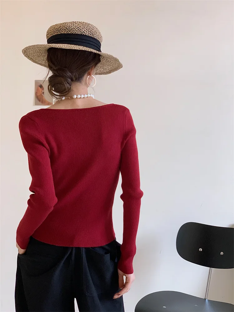 Women Red Sweetheart Neckline Cardigan Sweater