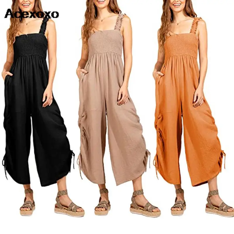 

2023 Europe and the United States new style of solid color bundle of smoke braid temperament of high waist casual jumpsuit