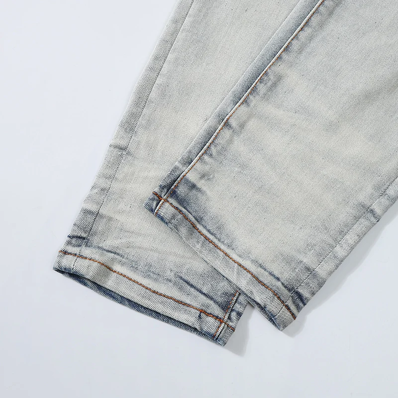 Latest Street Fashion Men's Jeans Retro Light Blue Elastic Slim Fit Split Jeans Men's Fishing Net Patch Designer Hip Hop Brand P