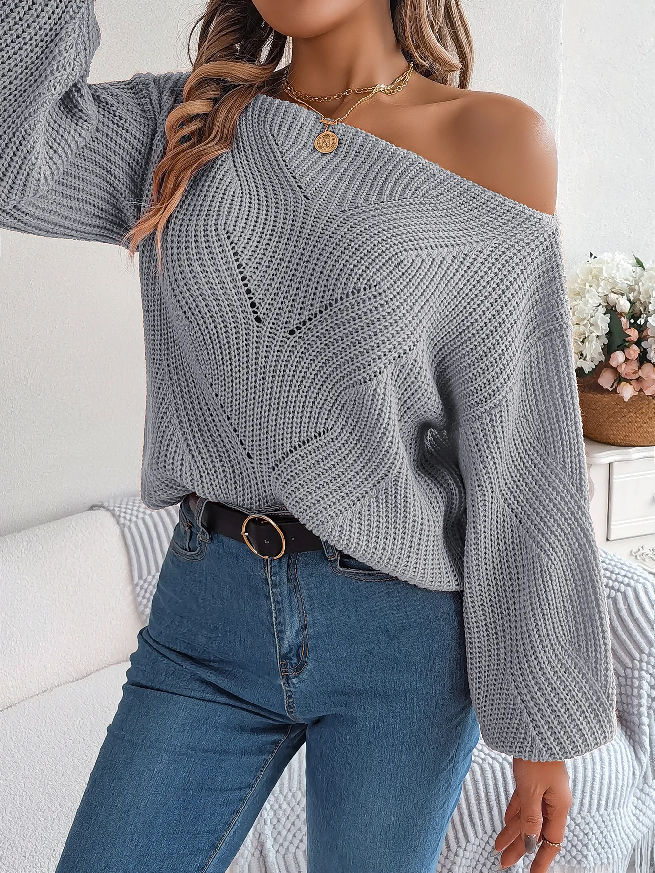 

Autumn and Winter Sweater for Women Fashion Casual Solid Color Hollow One Neck Strapless Lantern Sleeve Blouse