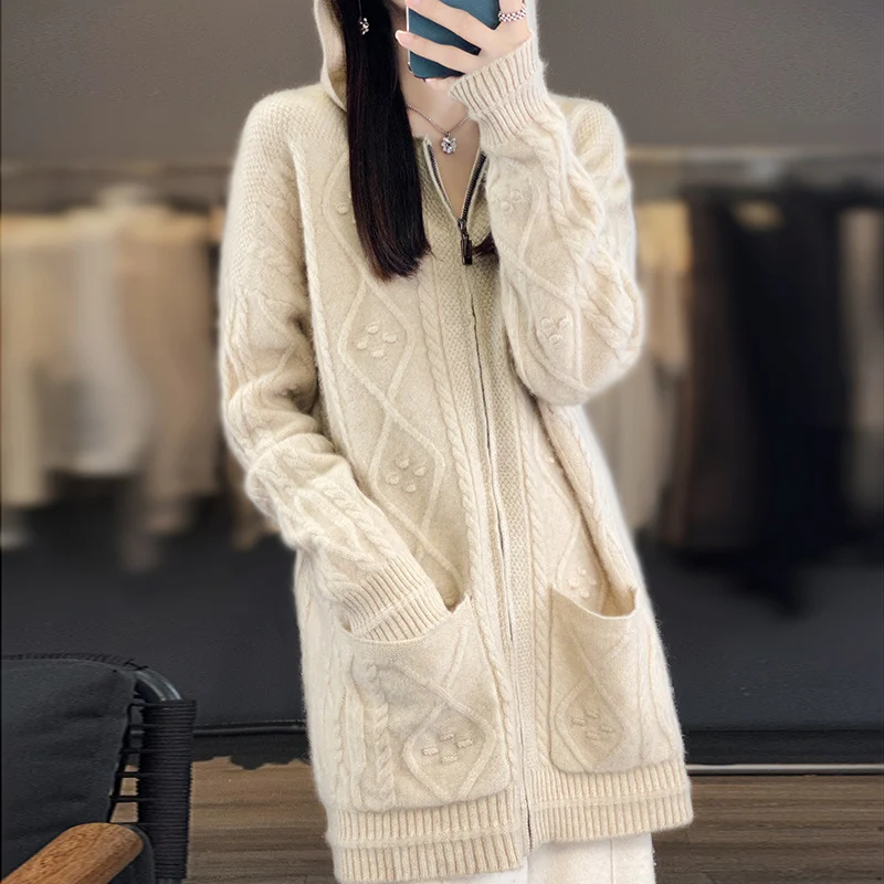 100% 메리노 울 후디, 캐주얼 루즈 점퍼, 세련된 한국 지퍼 가디건, 긴팔 상의, 두껍고 따뜻한 재킷, 가을, 겨울, 신상