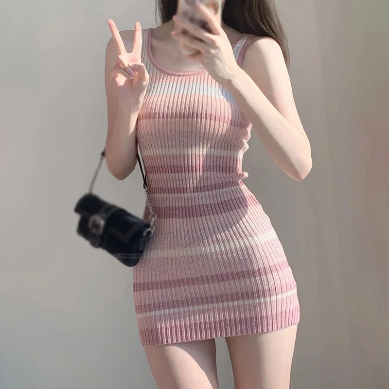 

Summer Sweet Women Rainbow Stripe Dress Knitted Slim Fit Short Wrapped Hip Dress