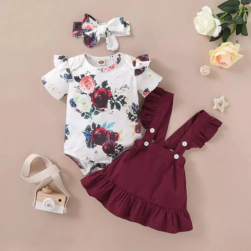 0-24M Newborn Toddler Baby Girl Clothes Ruffle Wine Red Top Romper Floral Print Strap Skirt Dress Outfit Clothes Set small baby clothing set	