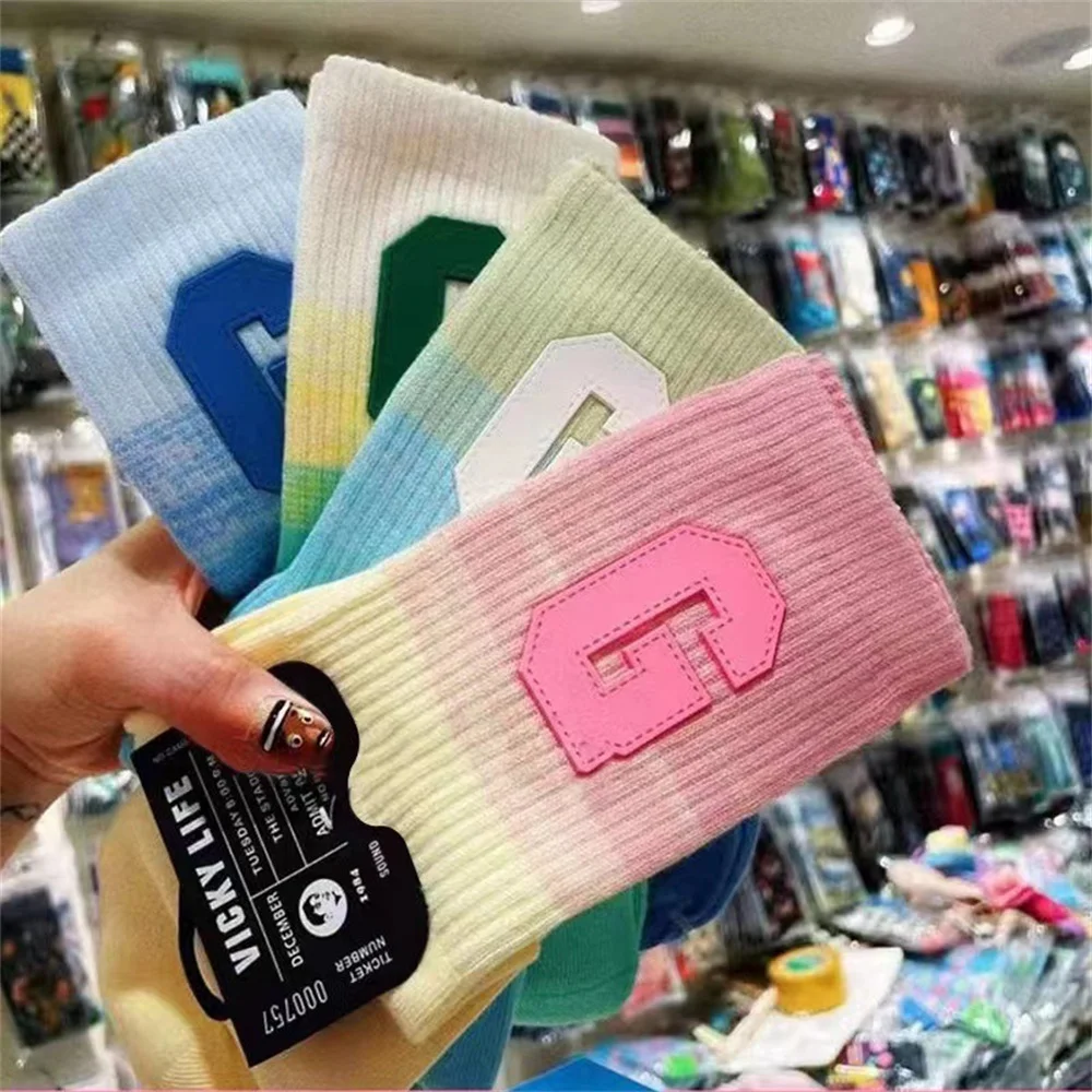 

Color gradient women's socks spring and summer pink green three-dimensional letters fashion leather label cute middle tube socks