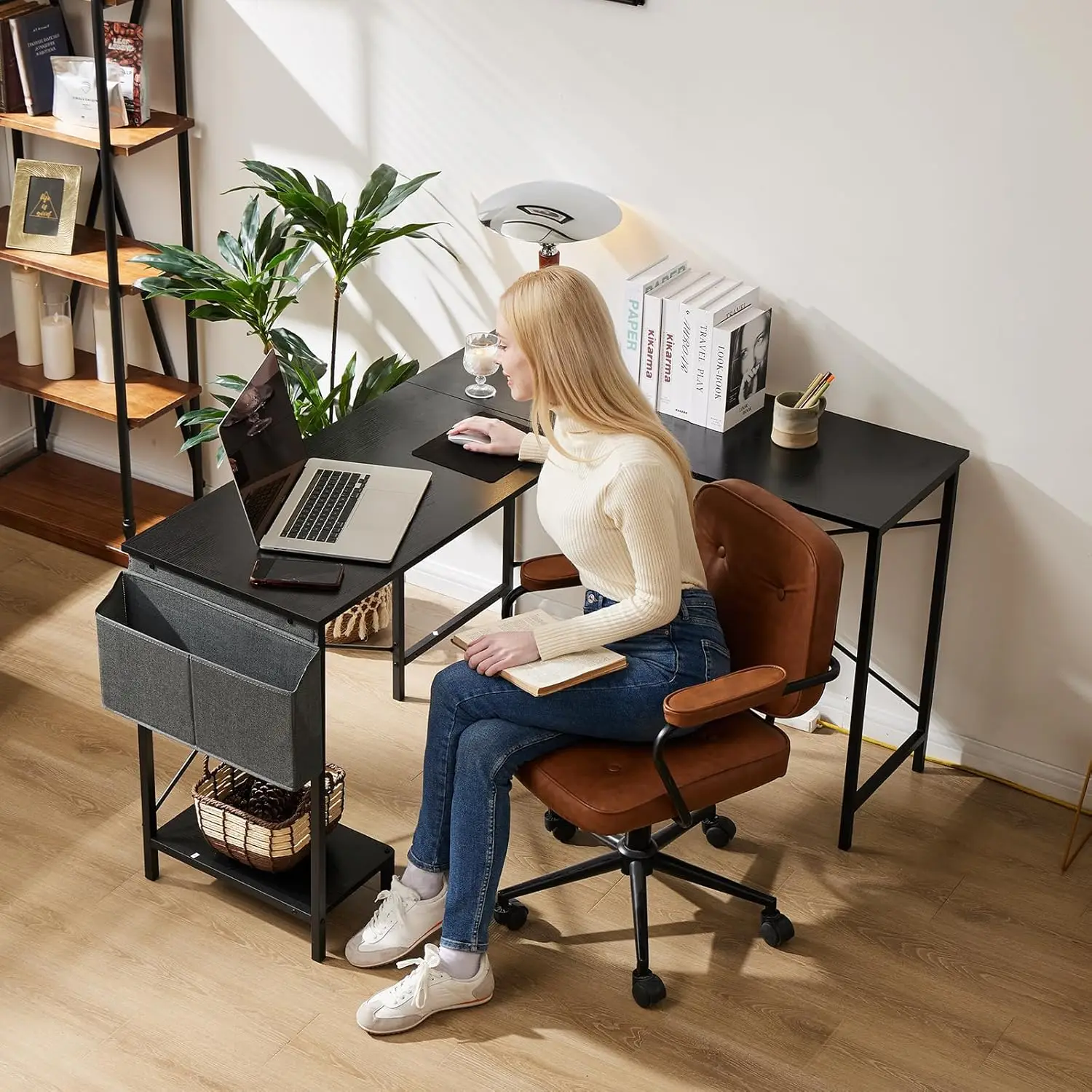 L Shaped Computer Desk - Gaming Table Corner Desk 50 Inch PC Writing Black Desk Study Desks w/ Wooden Desktop CPU Stand Side 2