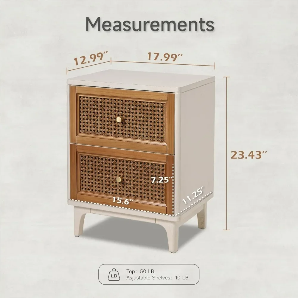 Farmhouse 3-Drawer Nightstand, Woven Cane Front Accent Dresser with Brass Pull, Fully-Assembled
