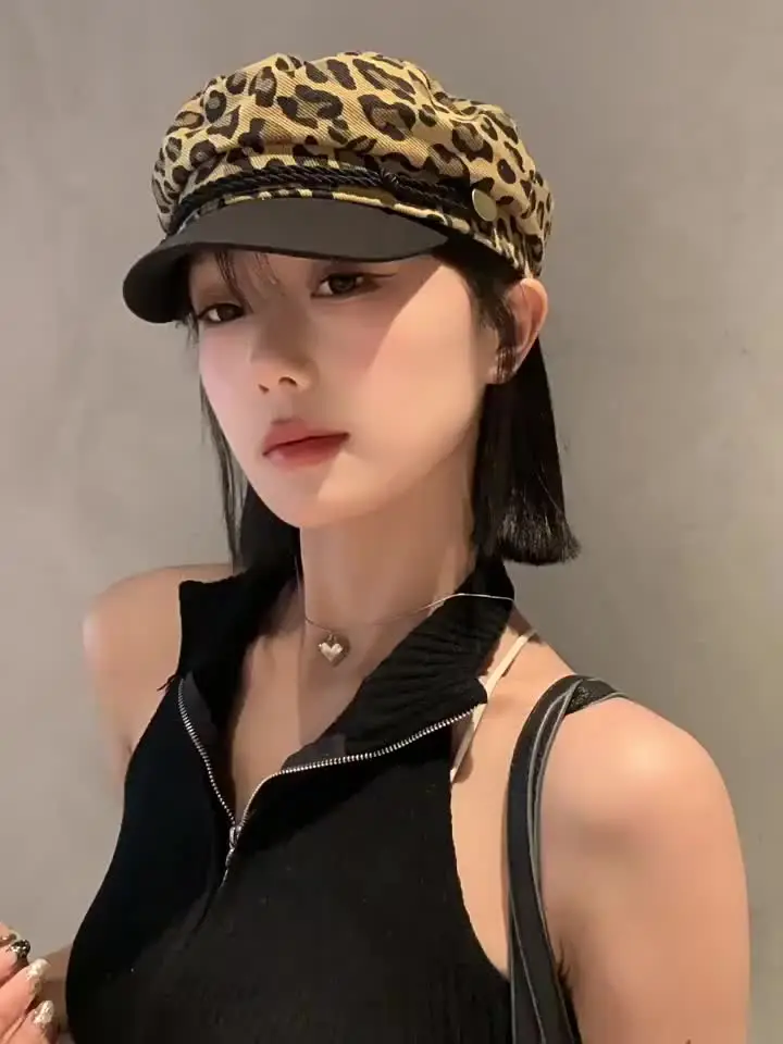 New Women Leopard Beret Hat Vintage Octagonal Cloud Pumpkin