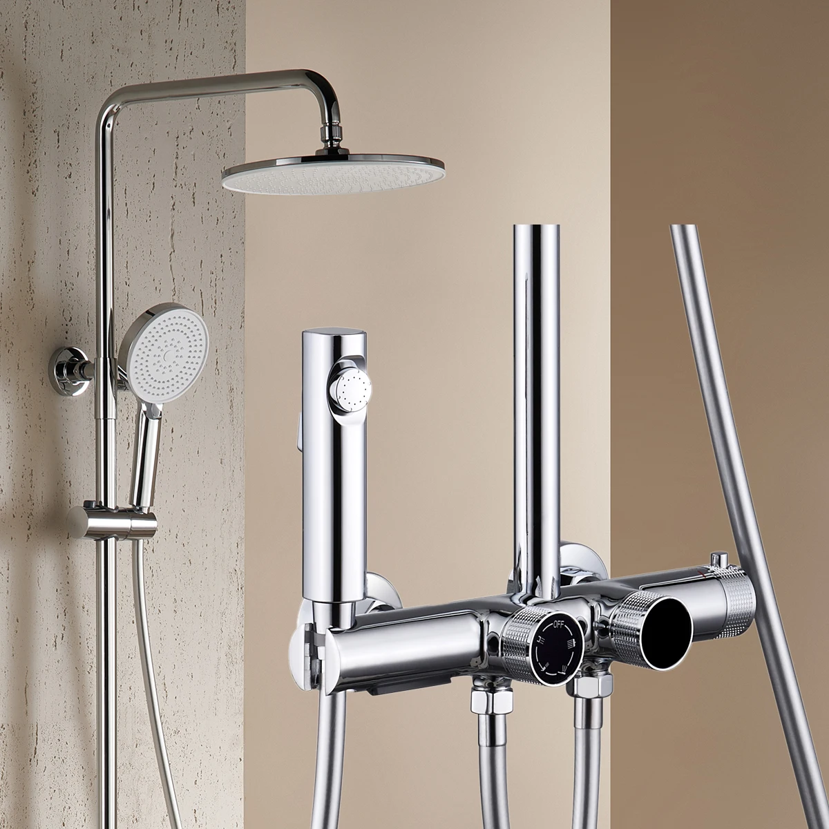 ชุดฝักบัวอาบน้ำดิจิตอลแบบน้ำตกโครเมียม ชุดก๊อกน้ำร้อนน้ำเย็นแบบน้ำตกทองเหลือง ระบบฝักบัวอาบน้ำแบบเทอร์โมสแตติก 1